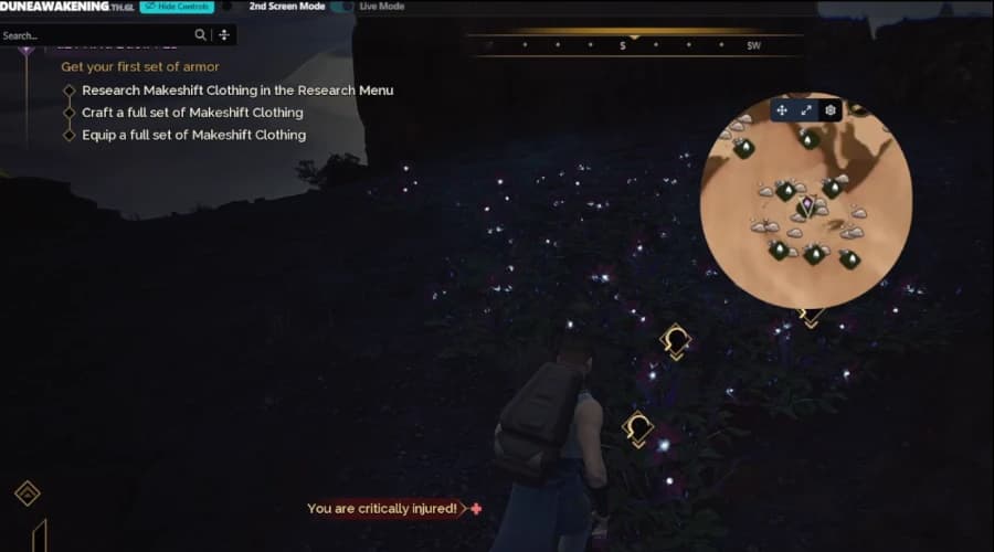 Dune Awakening overlay with live map showing player position and nearby points of interest